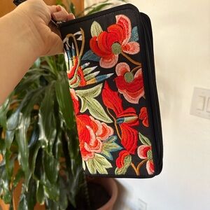 Embroidered Floral Zip Wallet Clutch - Black with Red & Green Flowers